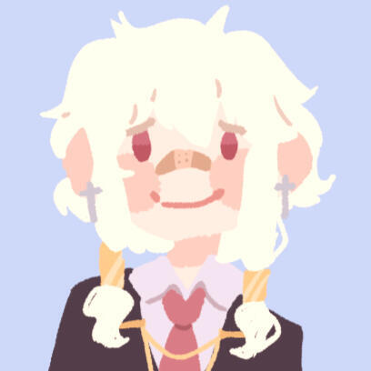 [ID: A picrew image. The person shown has short, uneven white hair, and wears a soft smile. End ID]